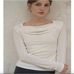 Minimalist Sheep Wool Blend Draped Cowl Neck Long Sleeve Top Soft White